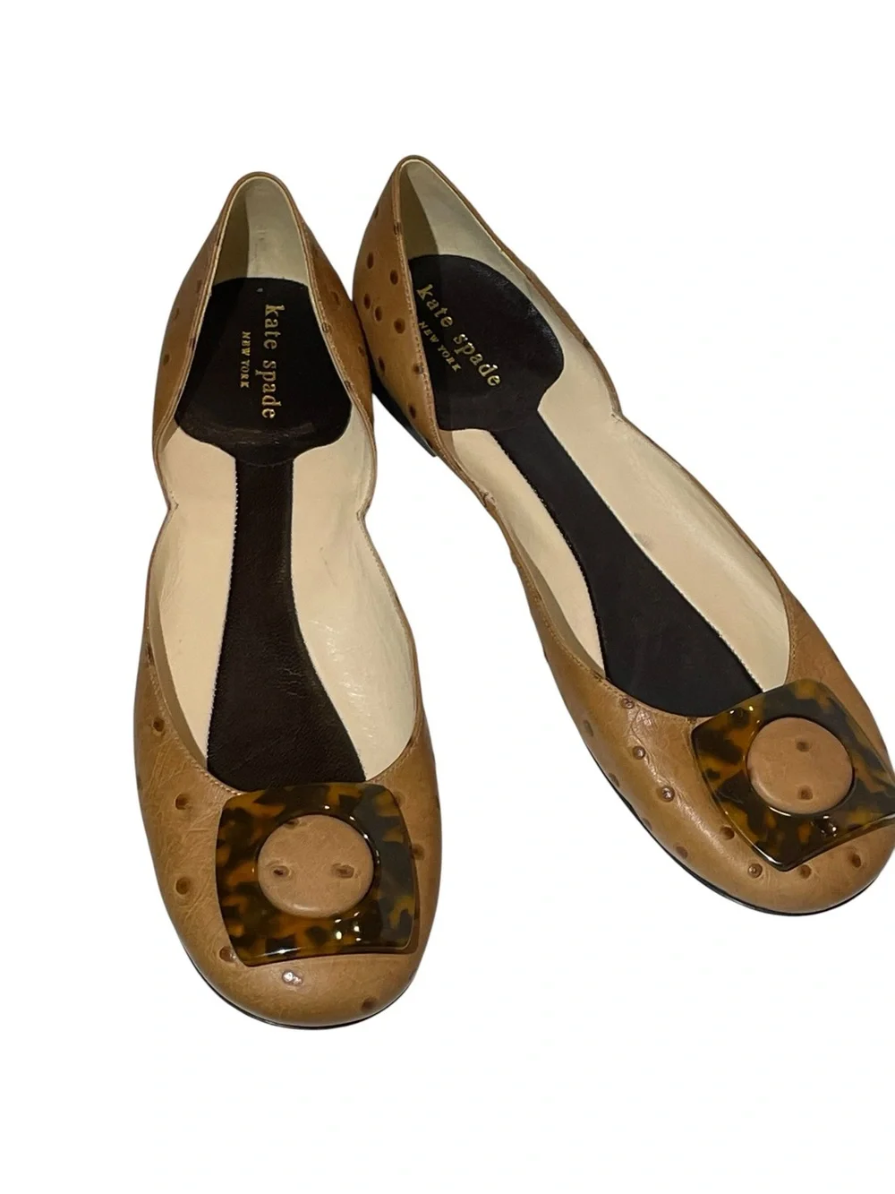 Vintage kate spade D'Orsay Fawn Leather Ostrich Flats Tortoiseshell Buckle 9.5